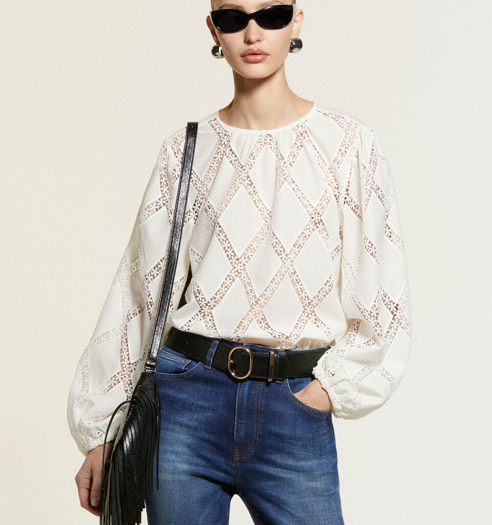 Cream white blouse with lace - women's blouses - Creamy White | Sisley image number 8